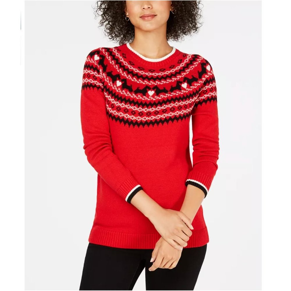 Charter Club Pullover Sweater Fair Isle Scottie Dog Heart Print Crew Neck Retro